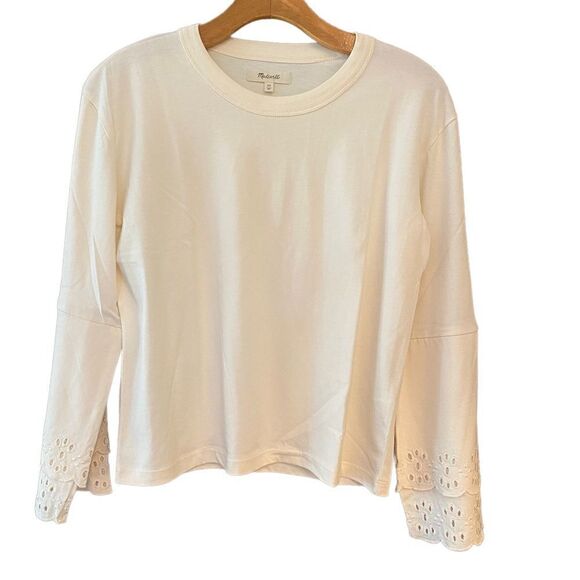 Madewell Sz XS Beige Tiered Eyelet Statement Long Sleeves Soft Cotton T-Shirt - Picture 1 of 6